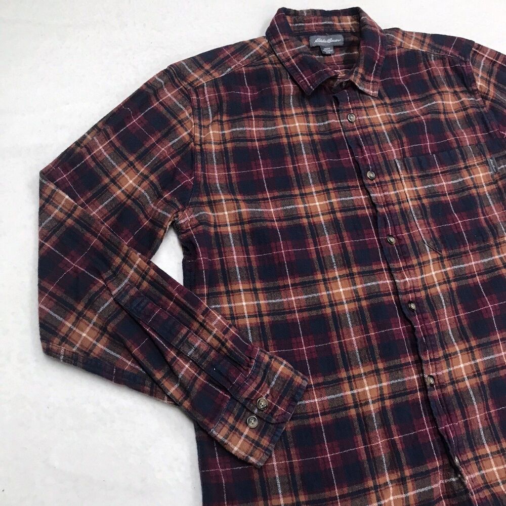 EDDIE BAUER Flannel Shirt Men M Ocher Cranberry Plaid Outdoor Autumn Grunge Gorp - Picture 3 of 16